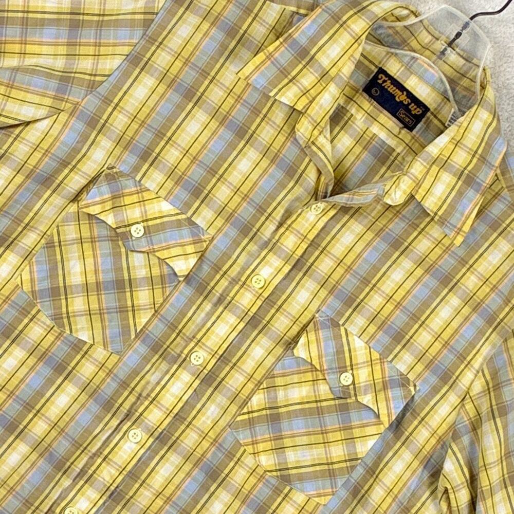 VTG 70s Thumbs Up Sears Camp Shirt Men L Yellow Blue Plaid Western Classic Retro